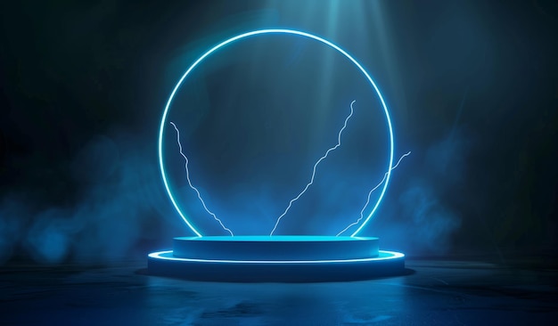 Abstract blue podium with lightning and glowing neon shapes in the background