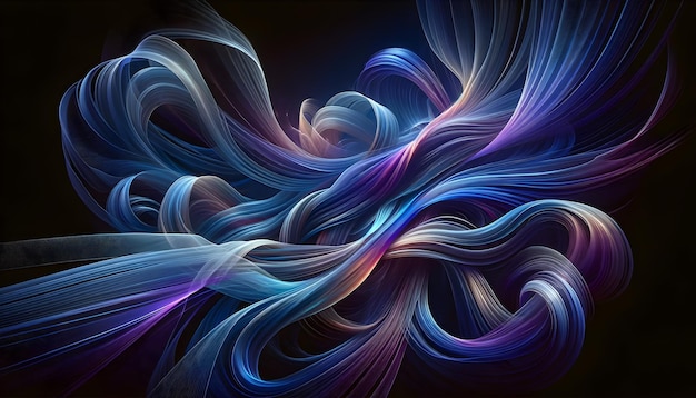 Abstract blue and purple light ribbons intertwine against a dark backdrop in a digital art piece