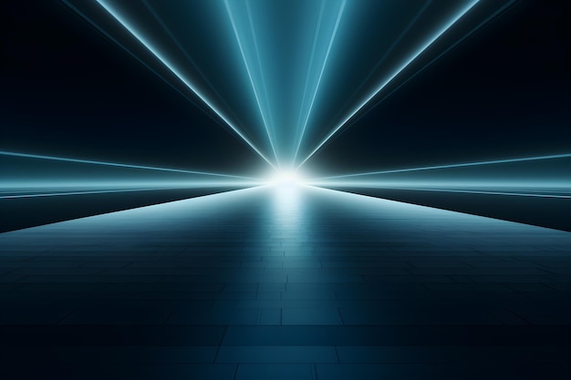 abstract blue rays light shining out of large open space background AI generate