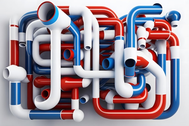 Abstract blue red and white pipes system on white background neural network generated art