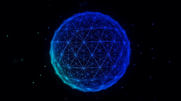 Photo abstract blue sphere on black background wireframe circle structure with glowing particles and lines futuristic digital illustration 3d rendering