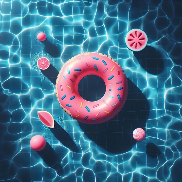 Abstract blue swimming pool water background with pink swimming pool ring float top view