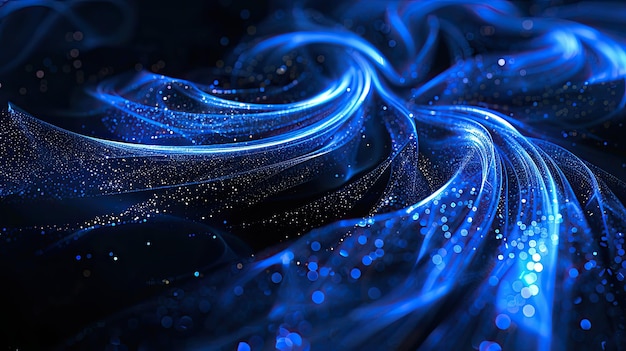 Photo abstract blue swirls with sparkling dots on a black background