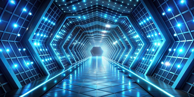 Abstract blue tunnel with geometric patterns and glowing lights abstract blue tunnel geometric patterns glowing lights