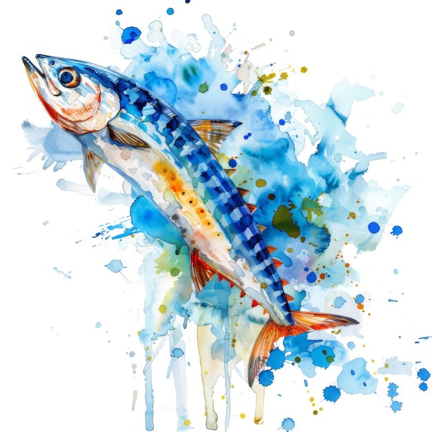 Photo abstract blue watercolor background with a lively mackerel fish illustration