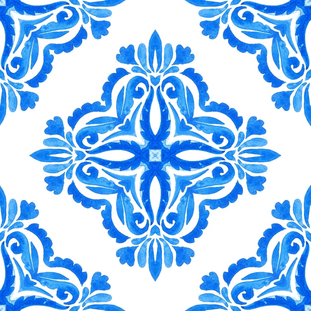 Abstract blue and white hand drawn damask tile seamless ornamental retro watercolor paint pattern. Elegant luxury Hand drawn texture for wallpapers, backgrounds and page fill blue and white