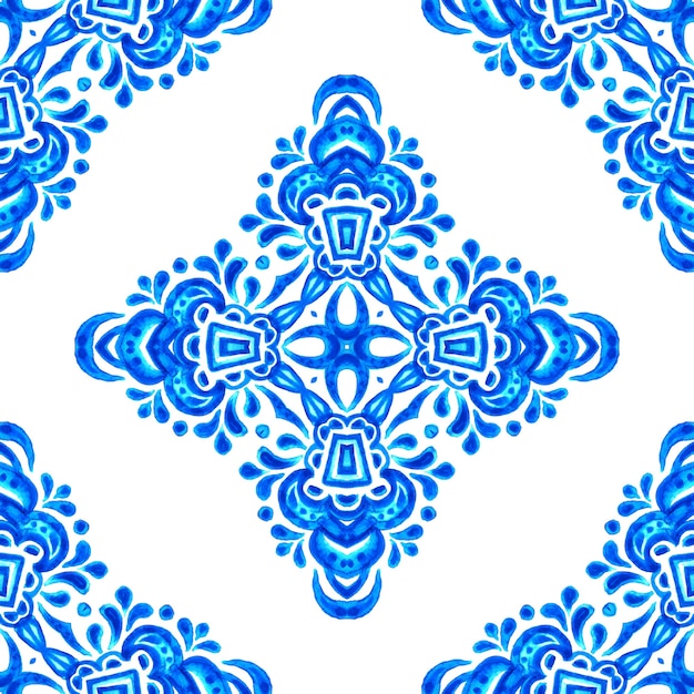 Abstract blue and white hand drawn tile seamless ornamental watercolor paint pattern. Elegant luxury texture for fabric and wallpapers, backgrounds and page fill.