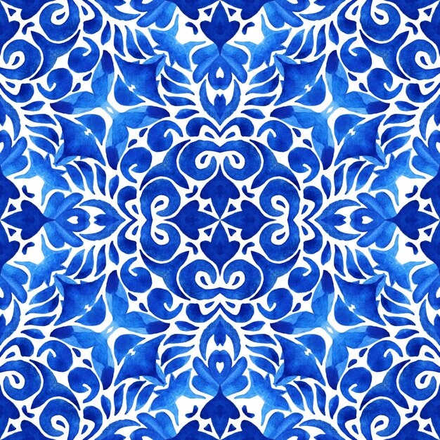 Photo abstract blue and white hand drawn tile seamless ornamental watercolor paint pattern