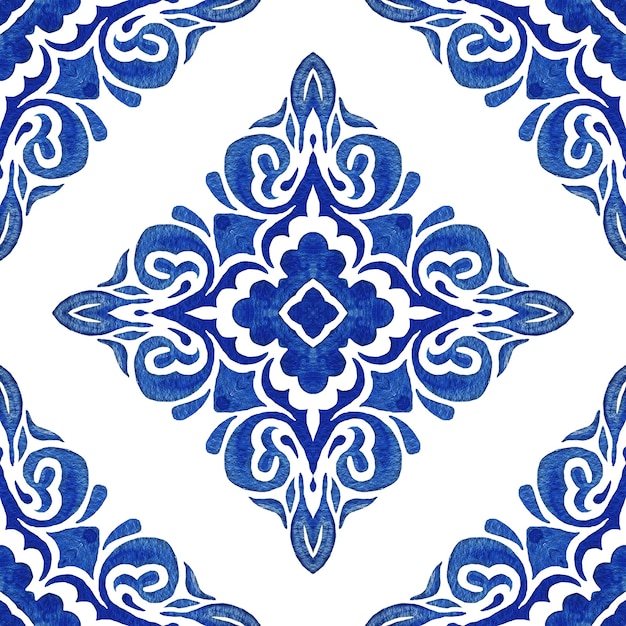 Abstract blue and white hand drawn tile seamless ornamental watercolor paint pattern.