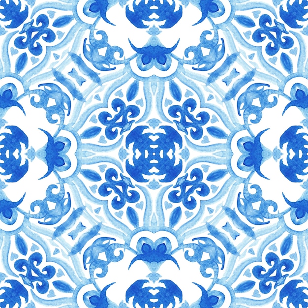 Abstract blue and white hand drawn watercolor tile seamless ornamental pattern. Elegant luxury texture for fabric and wallpapers