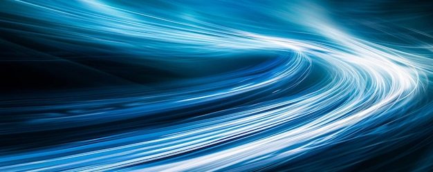 Abstract blue and white light trails creating a dynamic wave pattern