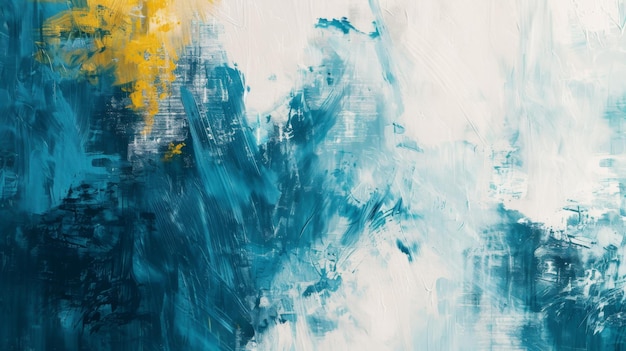 Abstract blue and white painting with yellow accents