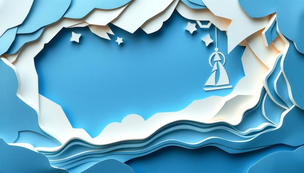 Abstract blue and white paper art with a sailboat in a cave