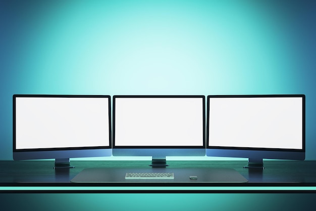 Abstract blue workplace with three empty white mock up computer monitors Office concept 3D Rendering