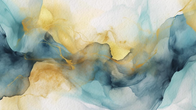 Photo abstract blue and yellow marble texture watercolor background on paper with gold line art