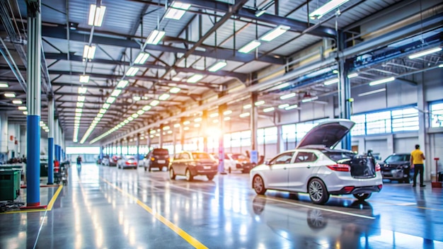 Abstract blur car garage automobile interior building hall Blurred mechanic service centre auto repair workshop soft defocused Blurry car care station background