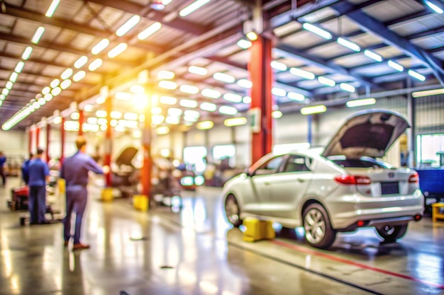 Abstract blur car garage automobile interior building hall Blurred mechanic service centre auto repair workshop soft defocused Blurry car care station background