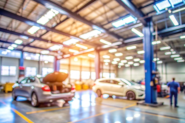 Abstract blur car garage automobile interior building hall Blurred mechanic service centre auto repair workshop soft defocused Blurry car care station background