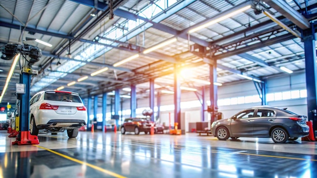 Abstract blur car garage automobile interior building hall Blurred mechanic service centre auto repair workshop soft defocused Blurry car care station background