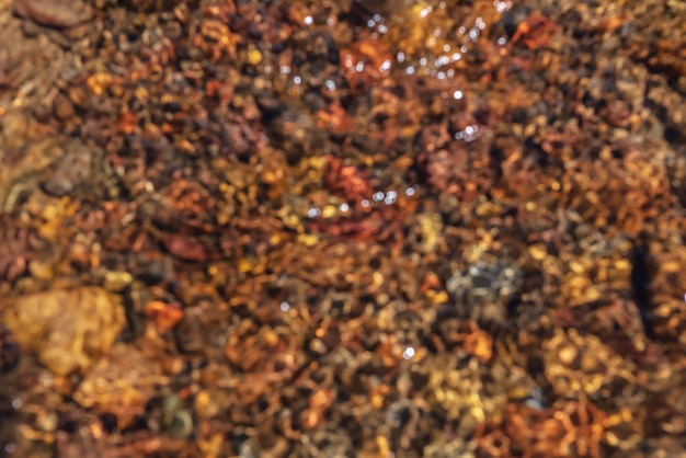 Abstract blur nature background of clear water stream with motley stony bottom in sunlight Defocused mountain stream texture in bright sun Blurry pattern of sunlit multicolor stones in spring water