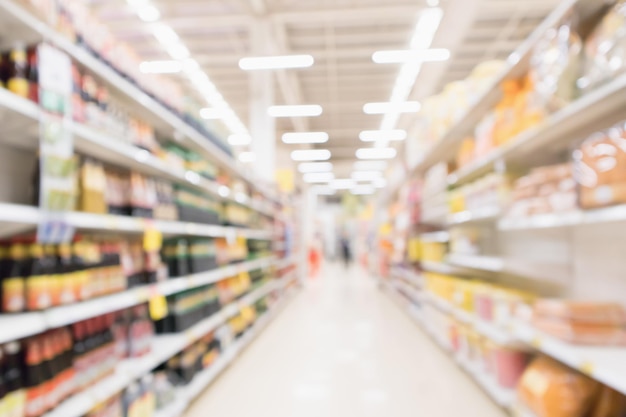 Abstract blur supermarket discount store aisle and product shelves interior defocused background