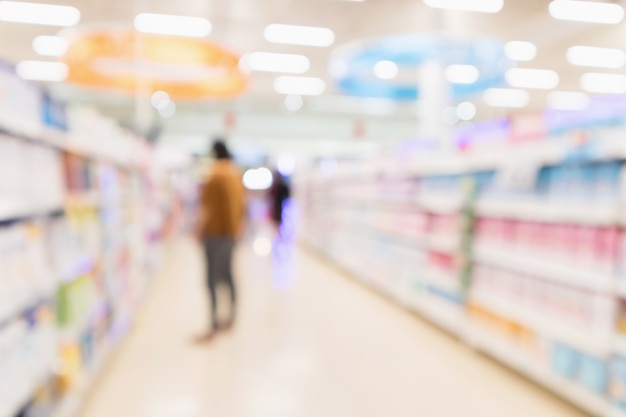 Abstract blur supermarket discount store aisle and product shelves interior defocused background