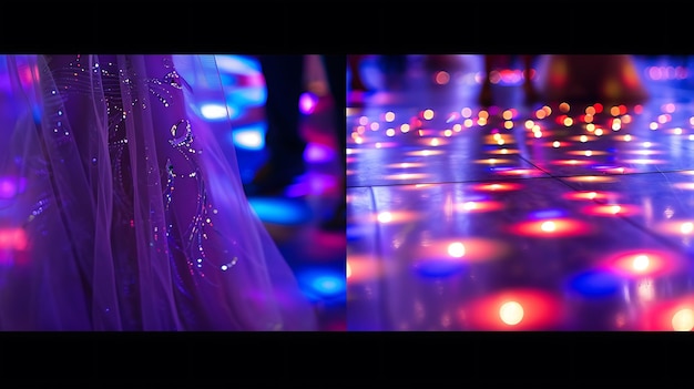 Photo abstract blurred background of dancing lights and a silky dress