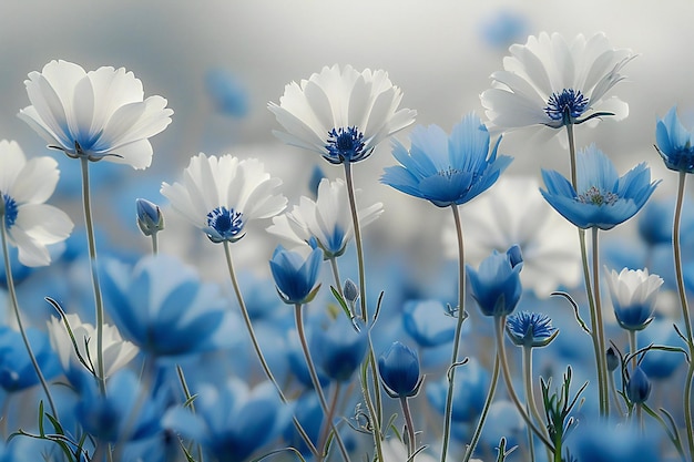 Abstract blurred background of delicate white and blue wildflowers in a meadow closeup