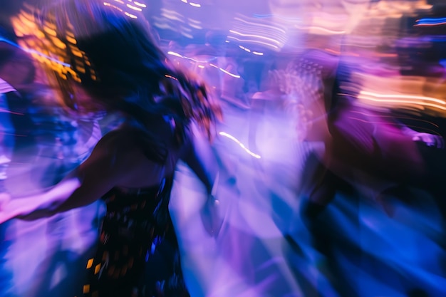 Photo abstract blurred background of people dancing in neon lights at a night club