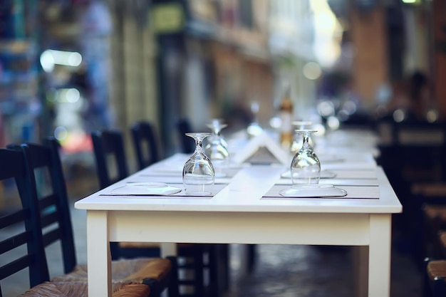 abstract blurred background street cafe in the city, no people, empty, summer restaurant quarantine