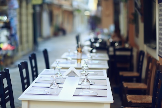 abstract blurred background street cafe in the city, no people, empty, summer restaurant quarantine