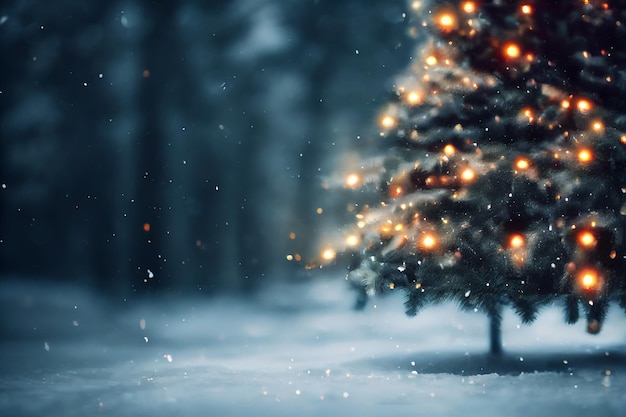 Abstract blurred bokeh background of Christmas tree with snow at night and copy space holiday and celebration concept 3d rendering