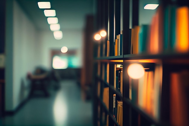 Abstract blurred empty college library interior space Blurry classroom with bookshelves by defocused effect Generative AI