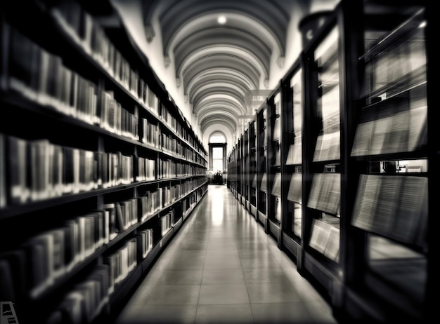 Abstract blurred empty college library interior space Blurry classroom with bookshelves by defocused effect use for background or backdrop in book shop business or education resources concepts