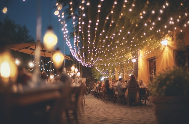 Abstract Blurred image of Night Festival in garden with bokeh for background usage Concept of vintage tones