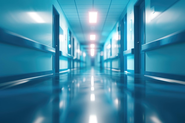 abstract blurred inside interior hospital corridor blue color background with light concept