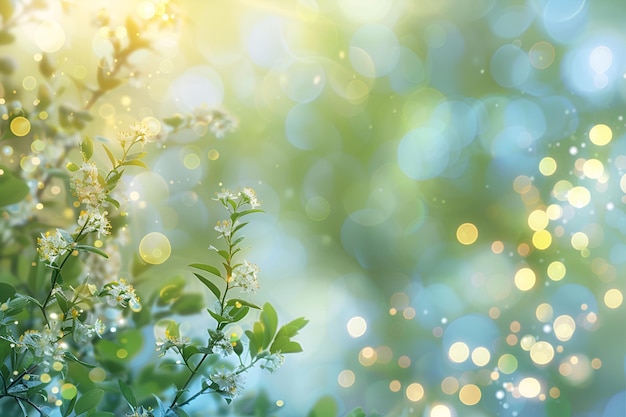 Photo abstract blurred spring background featuring a soft sunlit atmosphere with bokeh lights