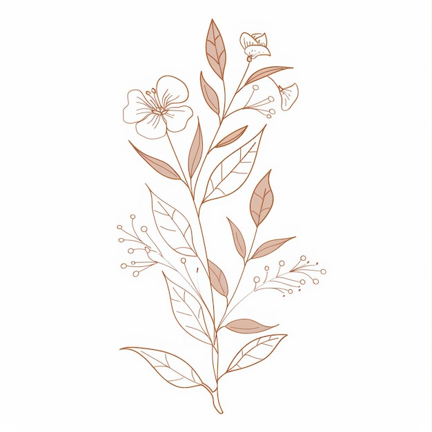 Photo abstract boho floral foliage hand drawn line art drawing colorful botanical garden plants branches leaves flowers herbs boho logo illustration on a white background