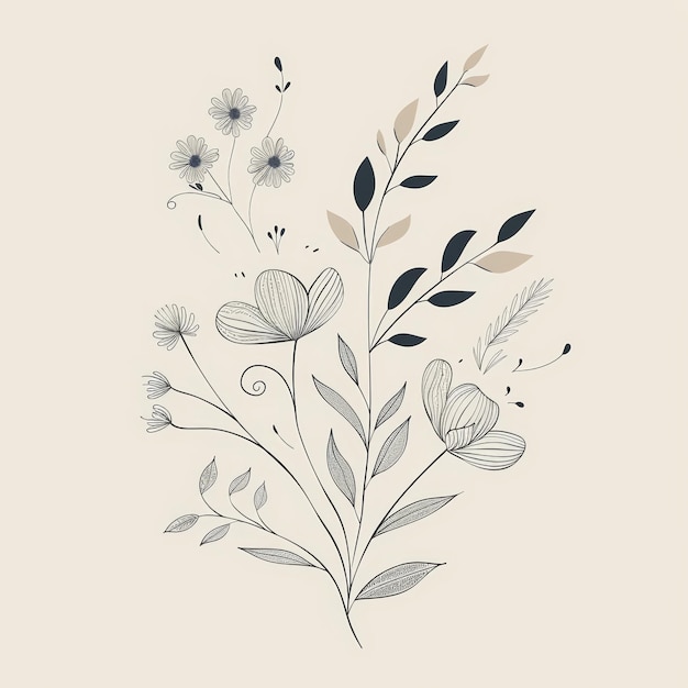 Photo abstract boho floral foliage line art style drawing botanical delicate plant logo illustration on a