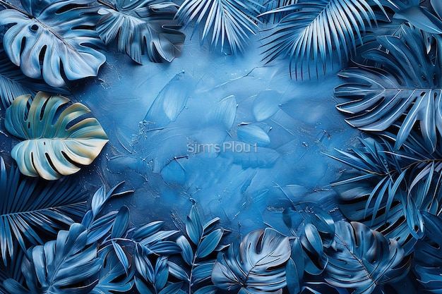 Photo abstract botanical background featuring an arrangement of various bluetoned tropical leaves against a textured backdrop perfect for natureinspired design projects