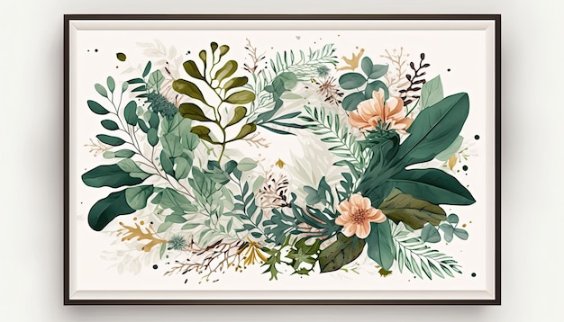 Abstract botanical floral frame with leaves and flowers Generative Ai