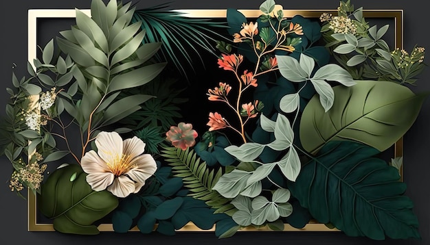 Abstract botanical floral frame with leaves and flowers Generative Ai