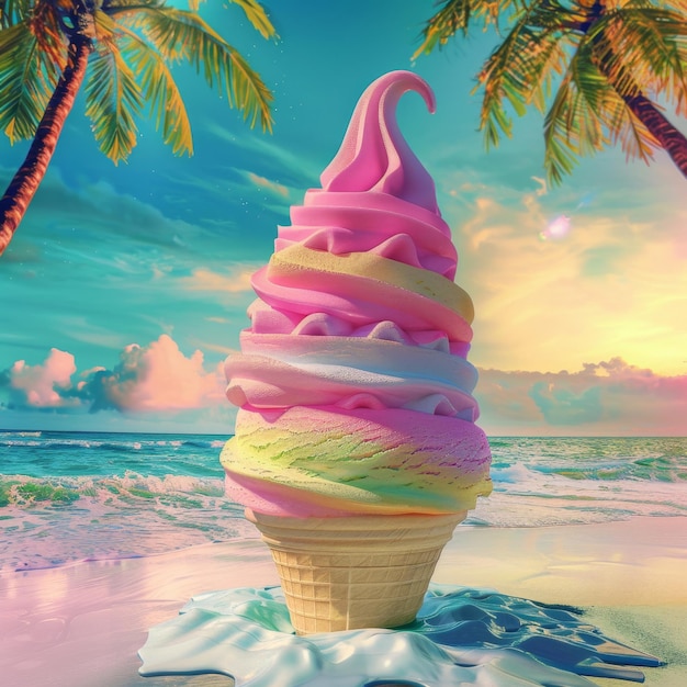 abstract bright pink yellow ice cream in waffle cone against the sea with palm trees idea of advertising