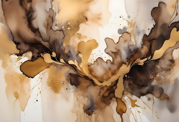 Abstract Brown And Gold Ink Swirls On White Background