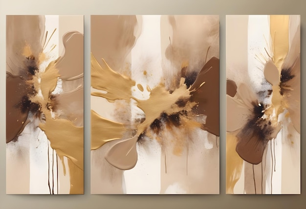 Abstract Brown And Gold Splashes Triptych Canvas Wall Art