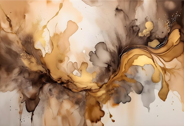 Abstract Brown Gold and White Ink Swirls on Canvas