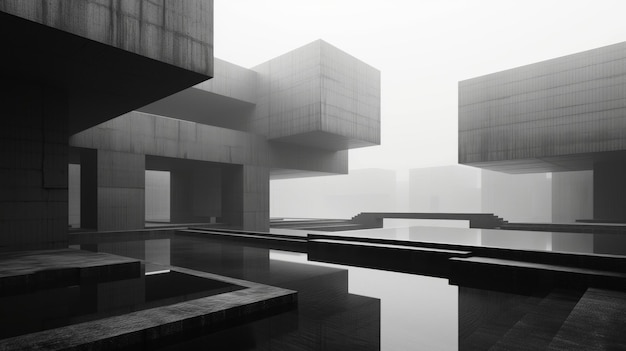 Abstract brutalist architecture in a monochromatic foggy waterscape