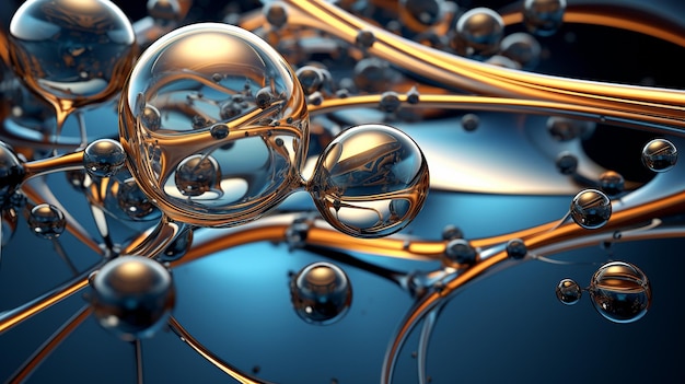 Abstract bubbles in water wave of liquid shiny drops with dark blue and soft gold color combination