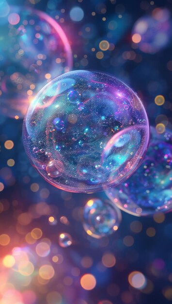 Abstract bubbles with glowing bokeh lights in vibrant cosmic colors