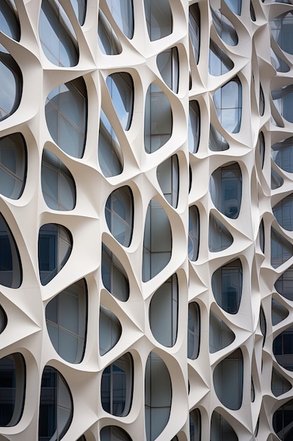 An abstract building design with symmetrical patterns and typography